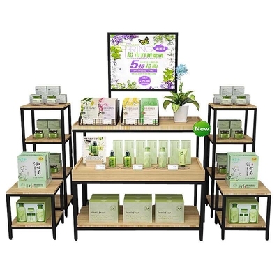 Tủ trưng bày mỹ phẩm bằng gỗ và sắt xếp chồng ba lớp tùy chỉnh Tủ trưng bày Gondola Giá trưng bày siêu thị